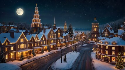 Fototapeta premium Winter Village Night Scene, A picturesque snow-covered village street glows under the soft light of a full moon, creating a magical Christmas atmosphere. 