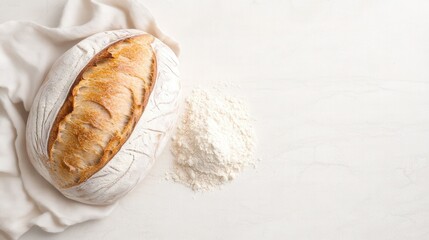 Fototapeta premium Rustic artisan bread with flour on white linen background