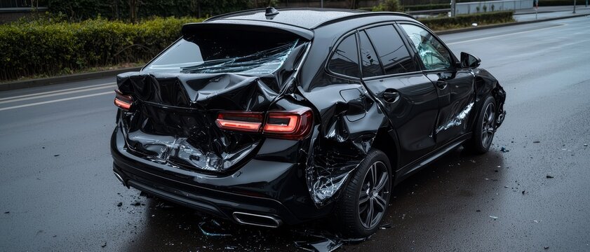 Dramatic Closeup of Crumpled Black Car After Accident on Rainy Roadside - Sombre Aftermath Concept