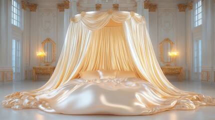 Luxurious gold canopy bed in elegant baroque interior with opulent drapery