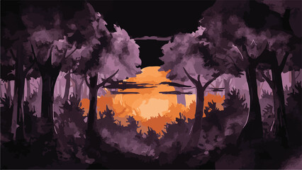 Fototapeta premium Sunset Forest Landscape – Digital Painting of Nature with Trees, Sky, and Silhouettes