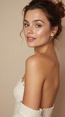 Fototapeta premium Beautiful Female Model Showcasing Natural Beauty and Flawless Skin in Fashion and Beauty Portrait - Perfect for Skincare, Cosmetics, and Lifestyle Advertising
