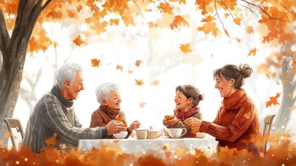 Fototapeta premium A family of four, two elderly grandparents and two children, enjoying a warm drink and snacks together under a tree with autumn leaves falling around them.