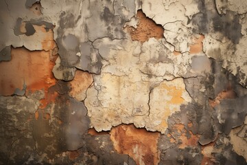 Obraz premium Old peeling paint, cracked deformed rusty surface. Wall destroyed by time. Abstract background with cracks, pieces, layers of dried, peeling paint.