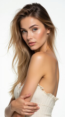 Obraz premium Beautiful Female Model Showcasing Natural Beauty and Flawless Skin in Fashion and Beauty Portrait - Perfect for Skincare, Cosmetics, and Lifestyle Advertising