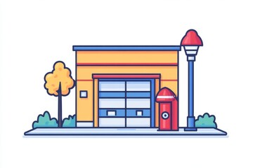 Fototapeta premium Cartoon Illustration of a Small Building with a Garage Door