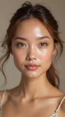 Naklejka premium Beautiful Female Model Showcasing Natural Beauty and Flawless Skin in Fashion and Beauty Portrait - Perfect for Skincare, Cosmetics, and Lifestyle Advertising