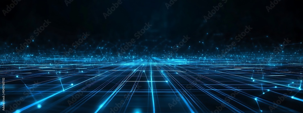 Poster Abstract glowing blue lines and particles in the dark.