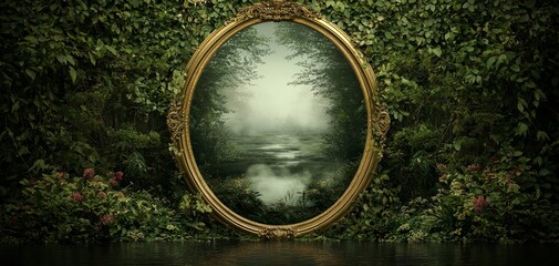 Enchanted Reflections - Mystical Gold Mirror in Lush Green Forest