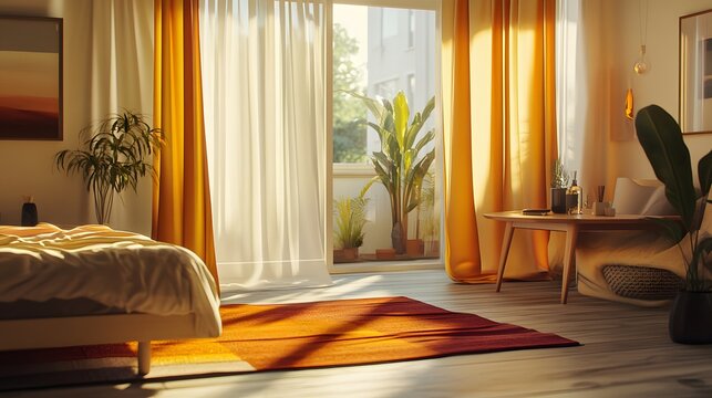 20. A contemporary living room with a soft floor mat, bold table cloth, curtains filtering sunlight, and a comfortable bed setup