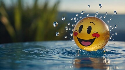 A cheerful smiling ball splashing into a serene pool on a sunny day, surrounded by vibrant greenery and clear blue skies