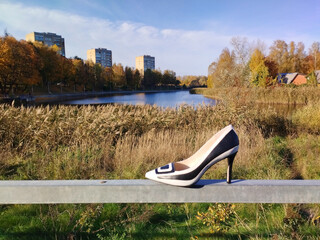 a sigle shoe left in a park