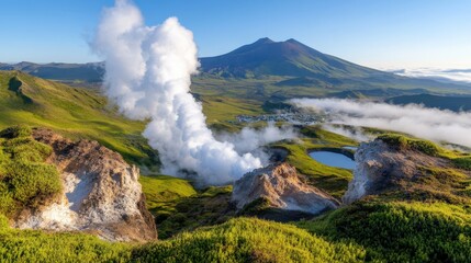 Fototapeta premium Majestic volcano landscape with steam vents and lush green scenery
