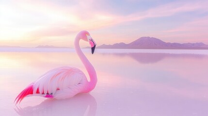 Naklejka premium Graceful flamingo wading in tranquil waters at sunset