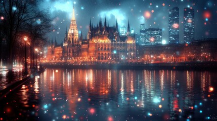 Fototapeta premium A city skyline at night with a river in the foreground and snow falling.