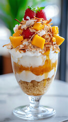 Delightful mango coconut parfait with fresh strawberries and crispy toppings