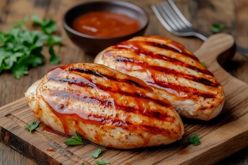 Glistening Grilled Chicken Breasts with Rich Red-Brown Sauce on Wooden Board - Savory Culinary Delight for Restaurant Menus and Food Blogs