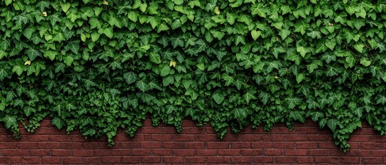 Serenity in Nature Lush Green Ivy Cascading on Symmetrical Brick Wall - Tranquil Garden Oasis, Natural Textures, Botanical Harmony