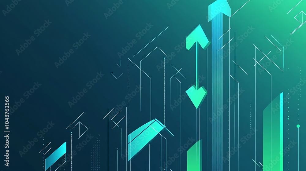 Poster abstract green and blue arrows pointing upwards in a digital network.