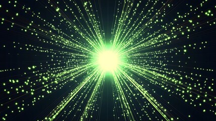 Abstract green glowing light burst with particles on black background.