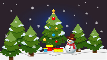 Christmas background or greeting card with trees, winter landscape, snowman, gifts and snowflakes