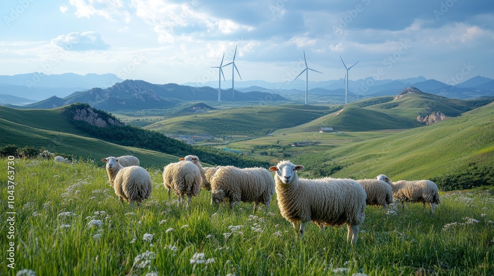 Aufkleber a herd of sheep are grazing in a field with a wind farm in the background