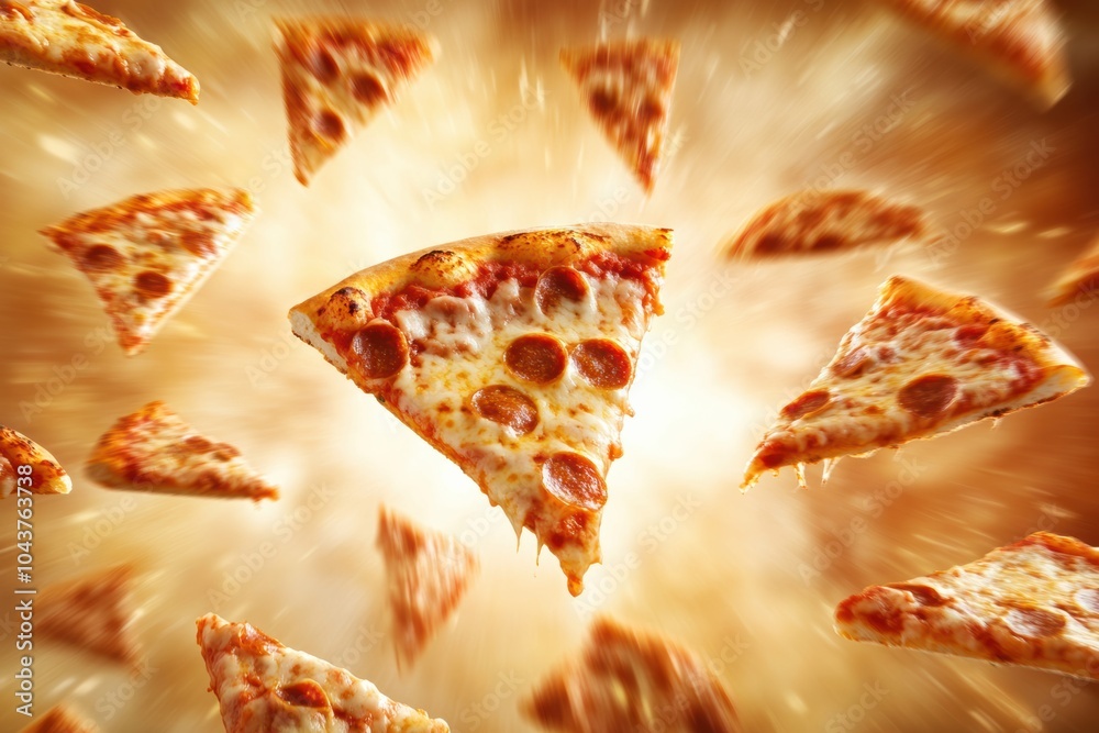 Poster Slices of pizza fly diagonally, creating an energetic atmosphere while leaving ample space for text in the center. Generative AI