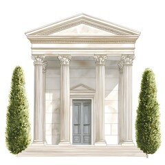 Fototapeta premium Watercolor Illustration of a Classical Building with Columns and Trees.