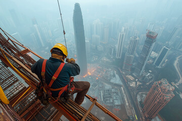 Welder on a skyscraper construction site working at great heights.