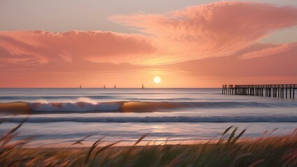 Fototapeta premium Beautiful sea coast wallpaper featuring rolling waves and a vibrant horizon