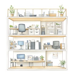 Watercolor illustration of a home office with desk and shelves.