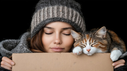 Cozy winter scene with content woman and sleepy cat