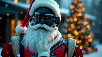 A futuristic twist on Christmas with a robotic Santa Claus, blending tradition and technology. The glowing eyes, festive red outfit, and bokeh lights create a unique holiday sci-fi atmosphere. - Powered by Adobe