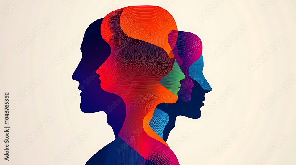 Poster abstract illustration of colorful overlapping profiles representing diversity, connection, and unity