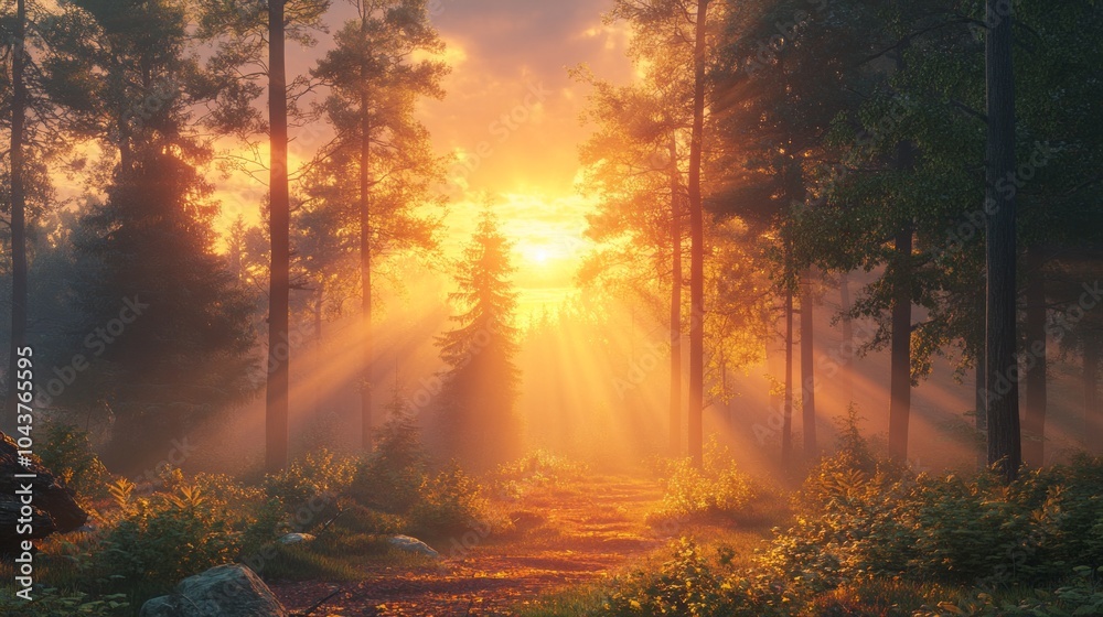 Poster a forest with trees and a sun shining through the trees