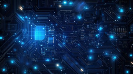 Obraz premium Dynamic blue circuit board background with AI elements, intricate patterns, and electronic components. Great for tech and digital innovation imagery.