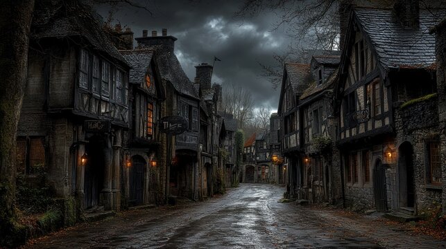 A cobblestone street winds through a medieval village, with stone buildings and glowing lanterns casting an eerie glow under a stormy sky.
