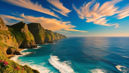 Obraz premium Beautiful sea coast wallpaper showcasing the sunset over the horizon