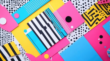 Obraz premium Letter paper with a nostalgic 90s aesthetic, featuring vibrant geometric patterns and neon accents, with plenty of copy space.
