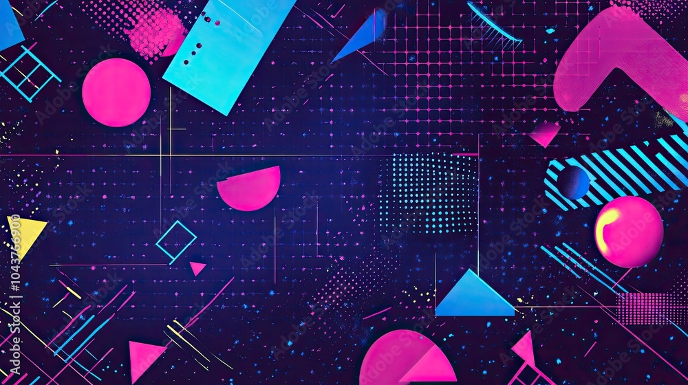 Fototapete nostalgic 90s background with a mix of geometric shapes, neon splashes, and retro vibes, offering lo