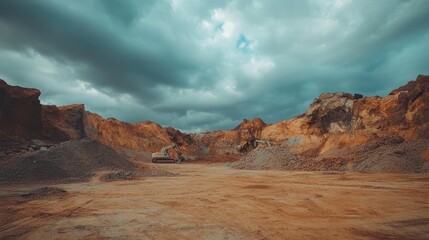 Fototapeta premium A barren quarry landscape under a cloudy sky, showcasing mining activity.