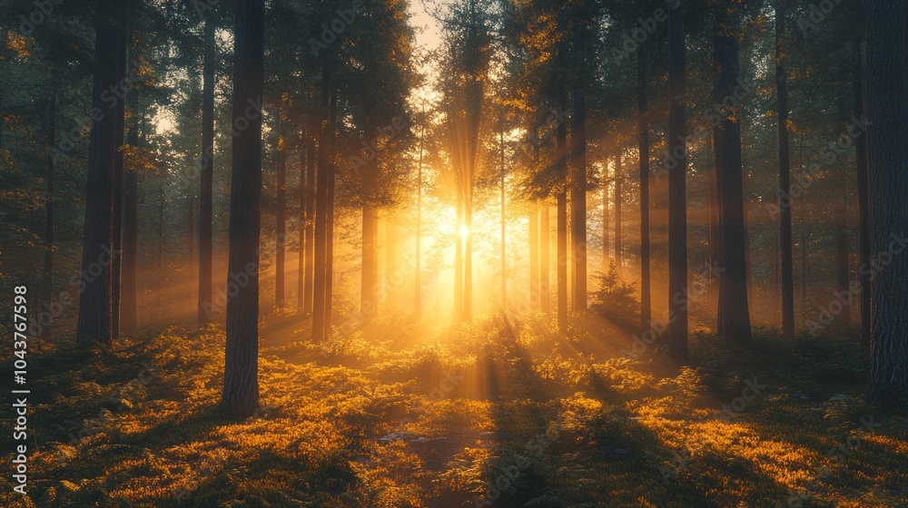 Poster a forest with trees and sunlight shining through the leaves