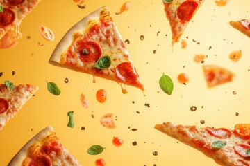 Slices of pizza featuring pepperoni and fresh ingredients fly diagonally against a bright backdrop, creating an energetic atmosphere. Generative AI