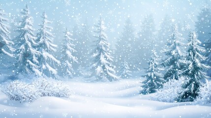 Fototapeta premium Snowfall in a magical winter forest with snow-covered fir trees and fluffy snowdrifts, creating a serene Merry Christmas and New Year backdrop.
