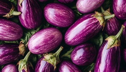Close-up of purple eggplants at the market, flat lay, top view, photography, high resolution.