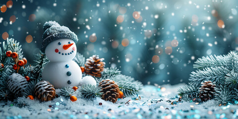 Obraz premium Christmas background with Snowman and snowflakes. Xmas. Happy New Year. Holiday greetings card. copy space, Festive design