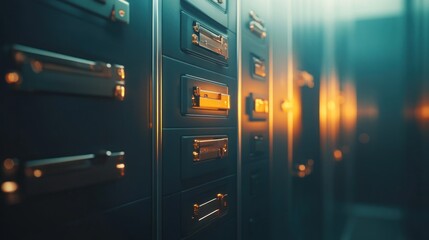 A close-up of filing cabinets with illuminated details, suggesting organization and storage.