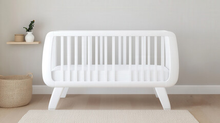 Minimalist white baby crib in modern nursery with soft natural light