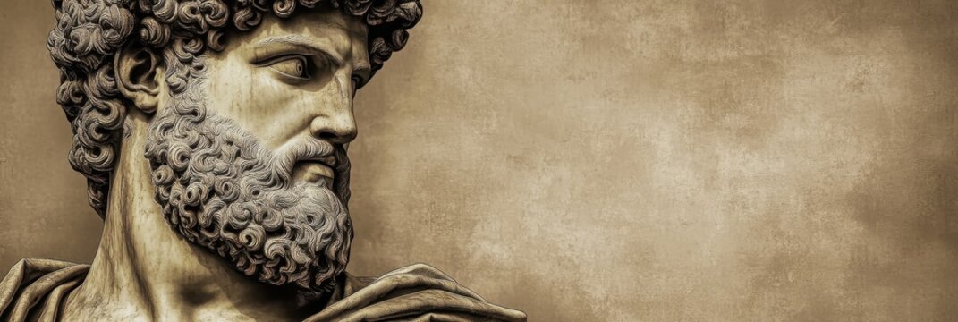 Ancient marble bust, Roman emperor, detailed facial features, curly beard, noble expression, weathered stone texture, sepia toned background, dramatic lighting, classical sculpture, historical artifac