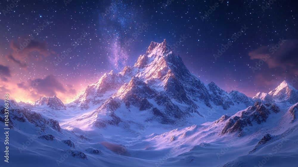 Poster a mountain range covered in snow with a beautiful pink sky in the background